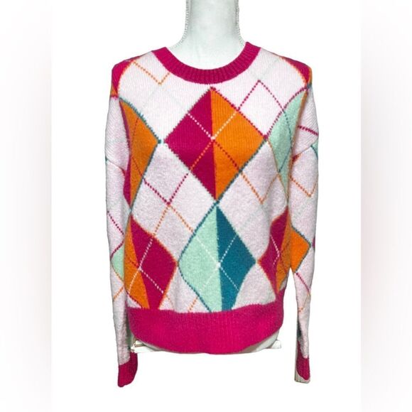Halogen x Atlantic-Pacific Argyle Pink Sweater - Picture 1 of 5